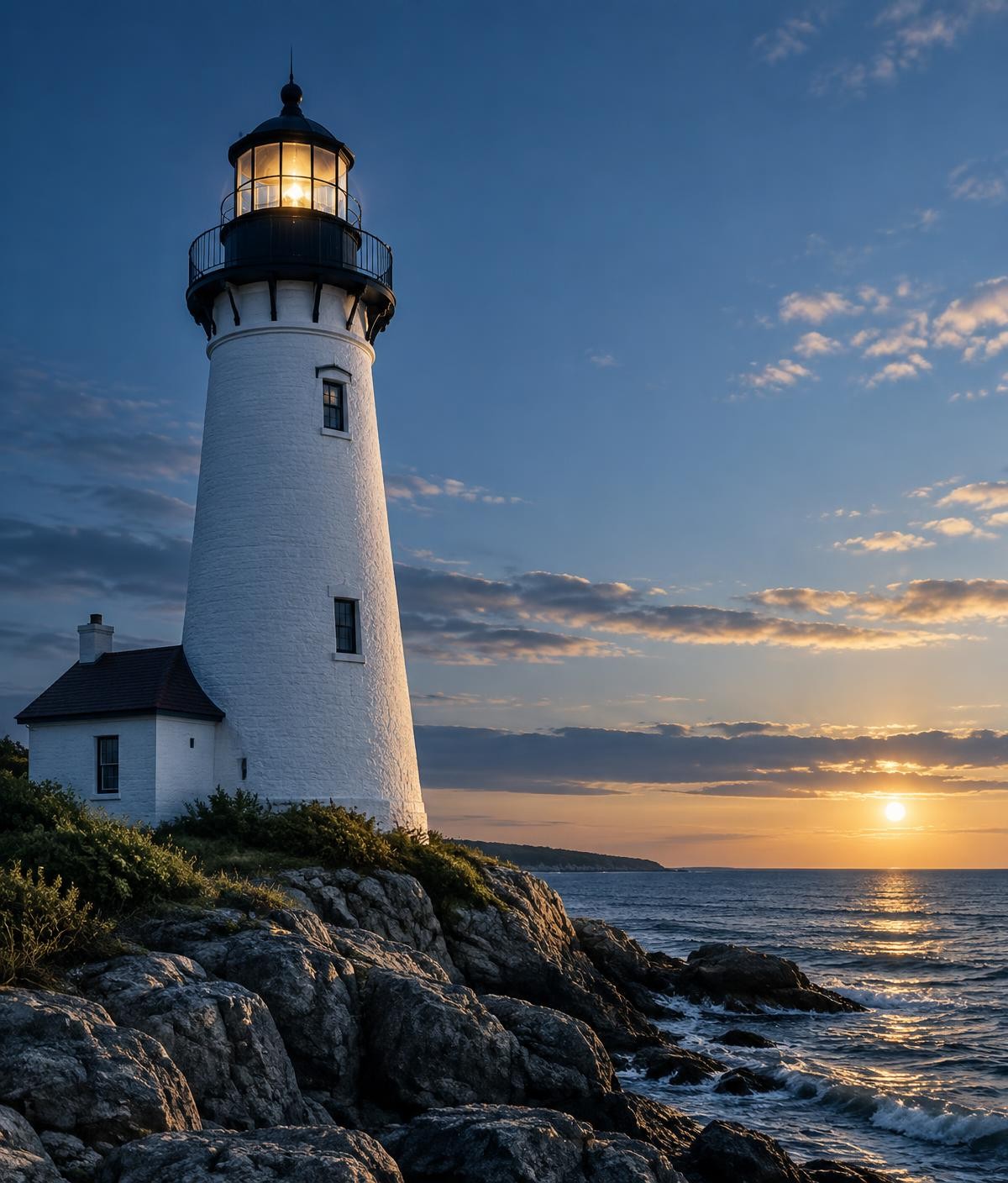 White lighthouse overlooking blue harbor waters at dusk